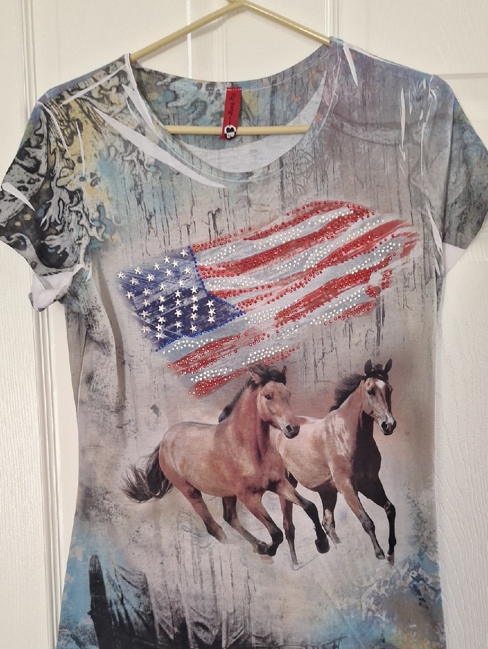 Womens Horses & Flag Graphic Tee - Red, Blue, White SIze L